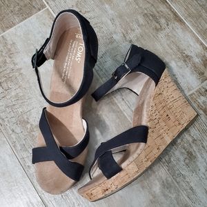 Toms Sienna Cork Wedge Heel  Black Sandals
